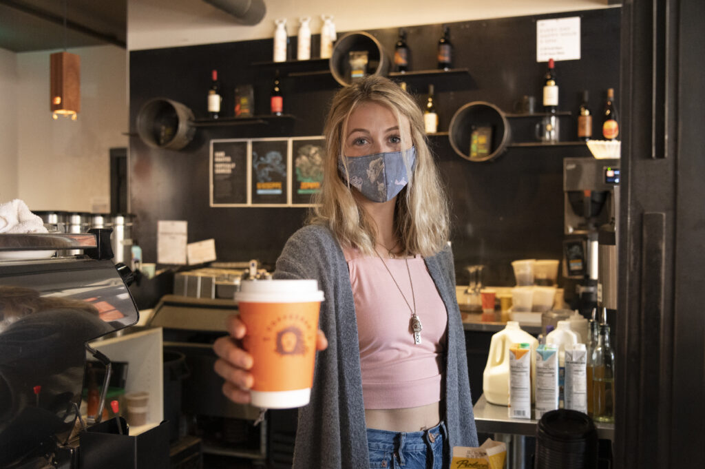 Coffebar Truckee woman wearing face mask