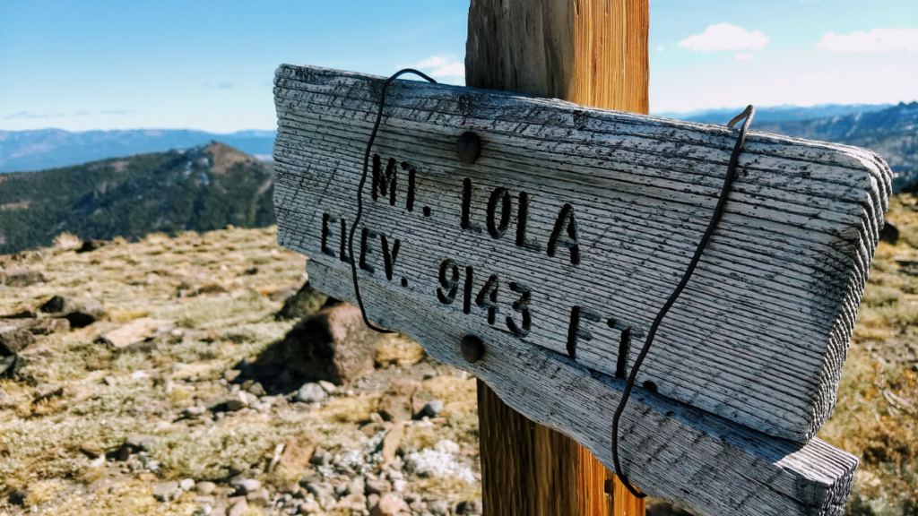 View of trail sign at the summit of Mt. Lola