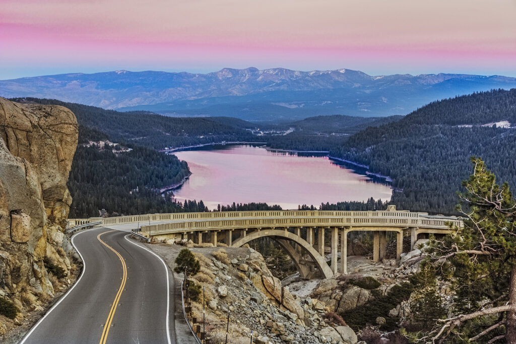 Drive down Donner Pass Road from Donner Summit for views of Rainbow Bridge