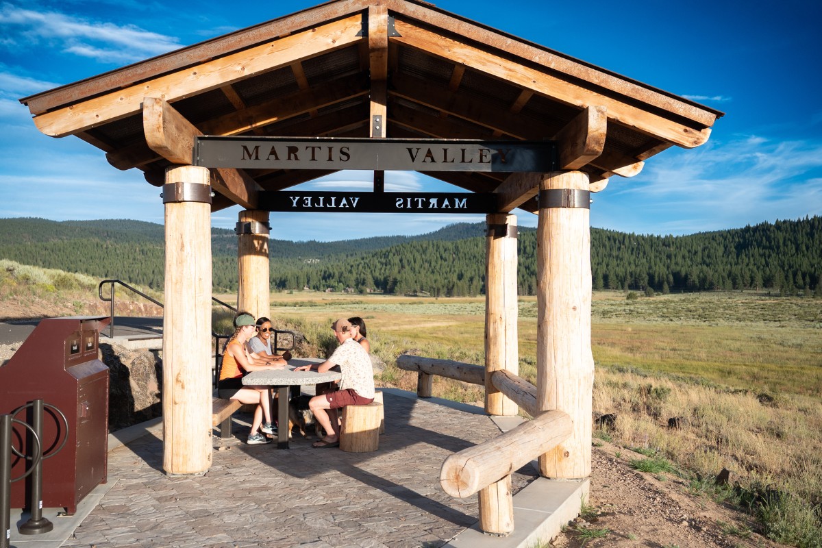 A group of friends gathers in the gazebos along the Martis Valley Trail.