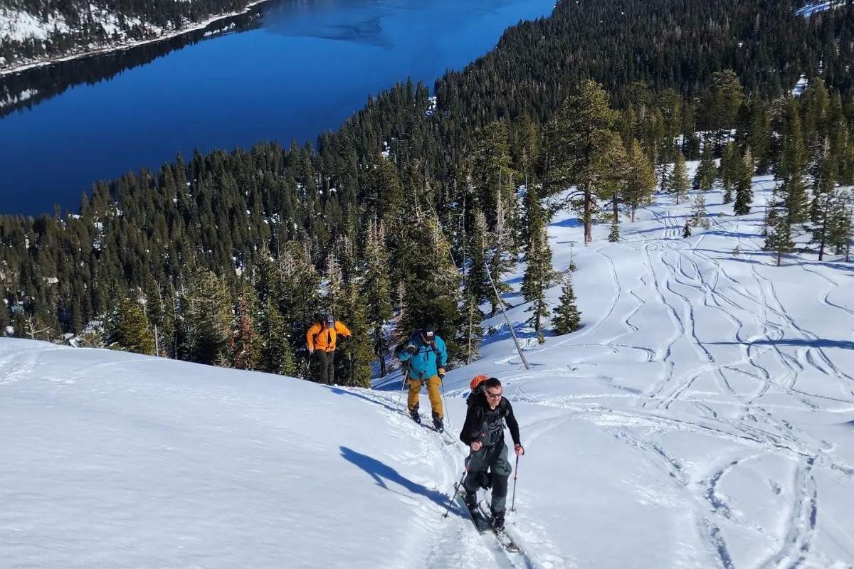 Backcountry skiers on a tour with Blackbird Mountain Guides in Truckee.