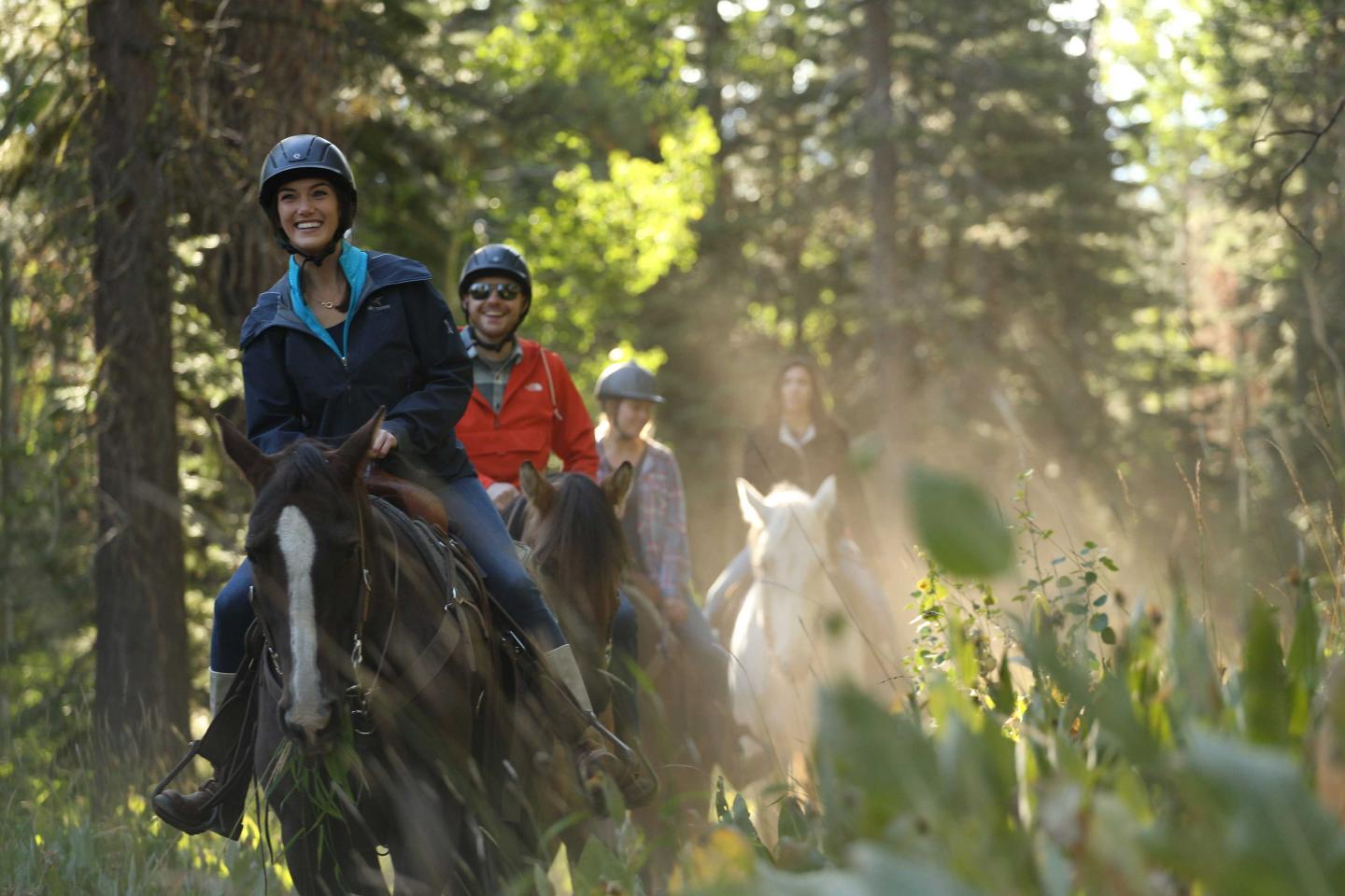 Four people riding horses through a sunlit forest trail.