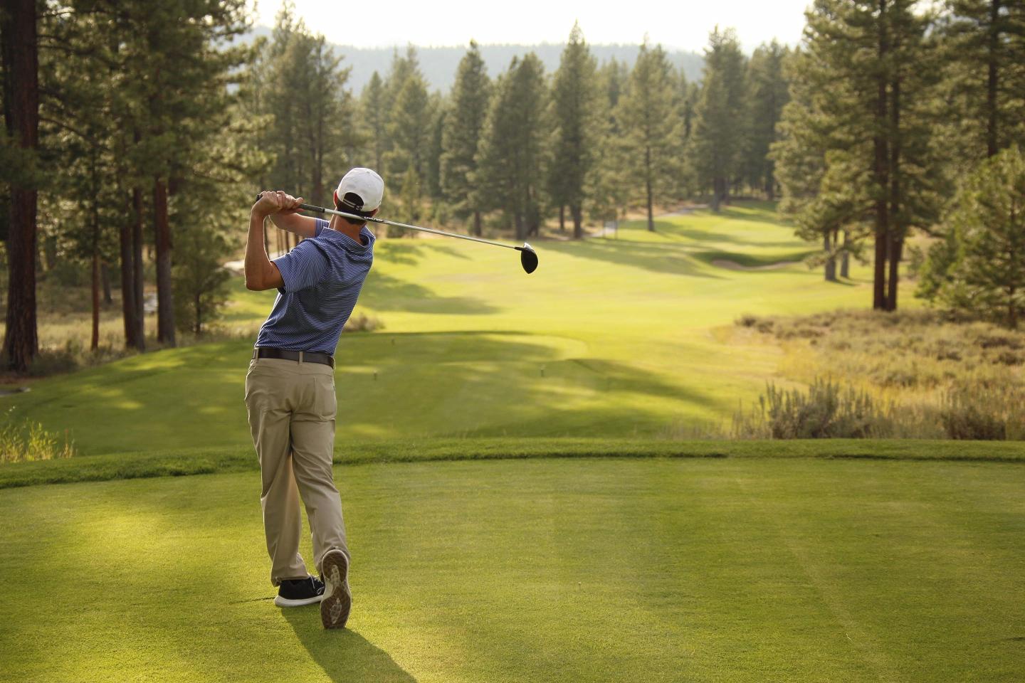 Golfer swings on a scenic course lined with tall trees.