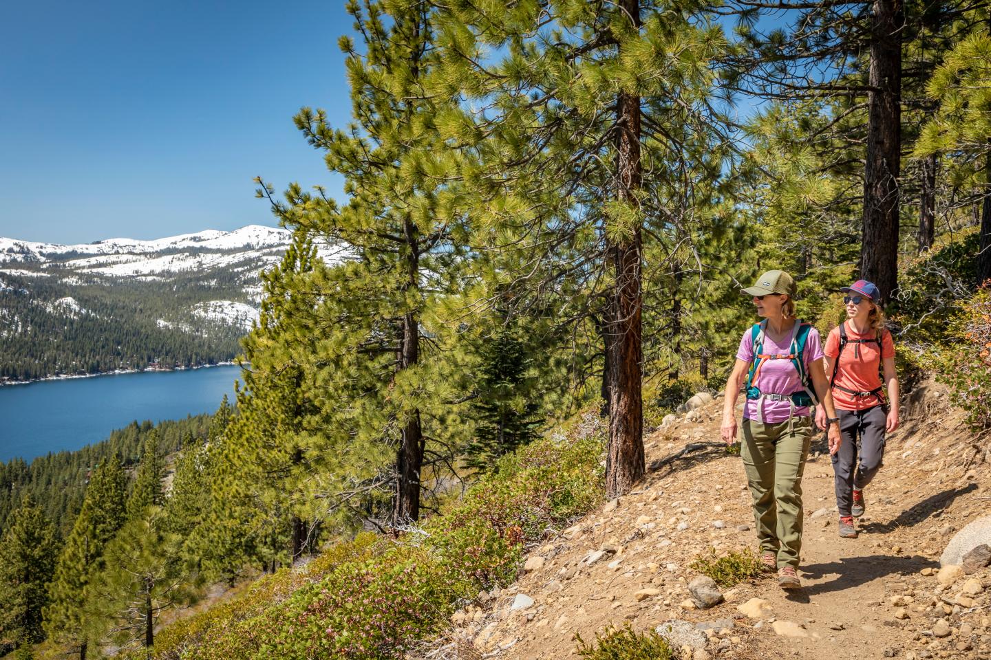 Hikers on a forest trail with a lake and snowy mountains in the background.