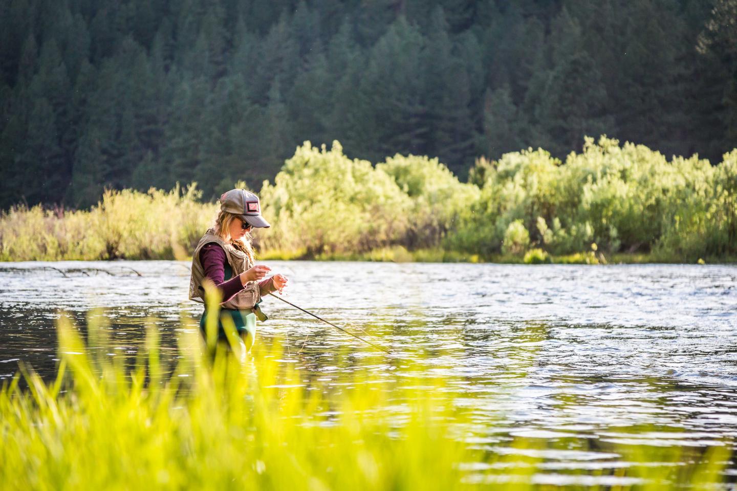 Two people fly fishing in a river with a forest backdrop.