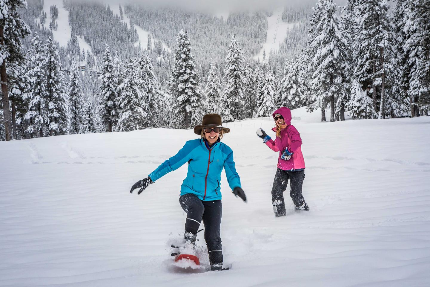 Two people playing in a snowy forest, wearing winter clothing.