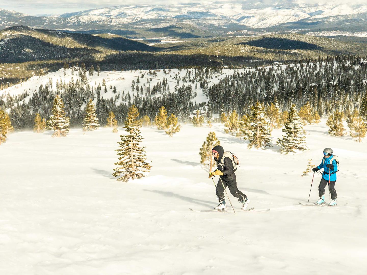 Two people snowshoeing on a snowy mountain with pine trees.