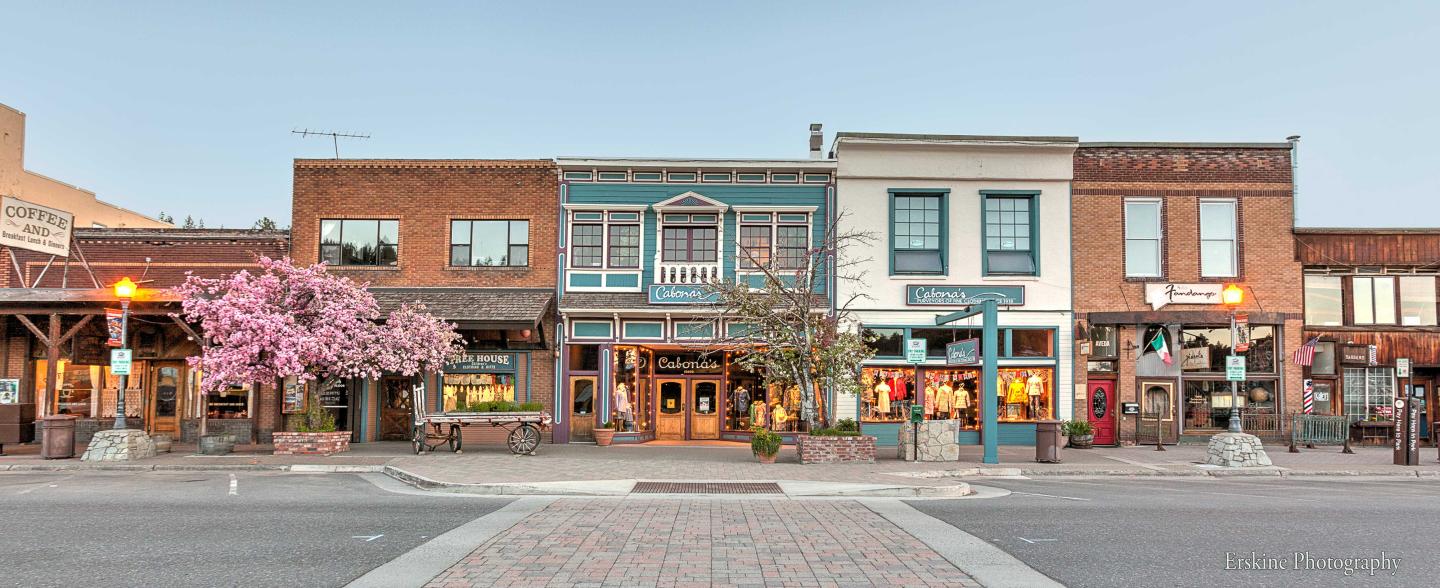 Historic street with colorful storefronts and blooming tree.