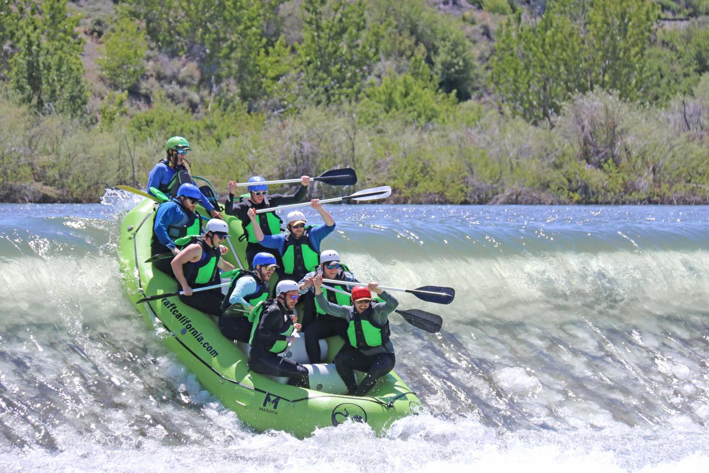 A group whitewater rafting down a rapid river.