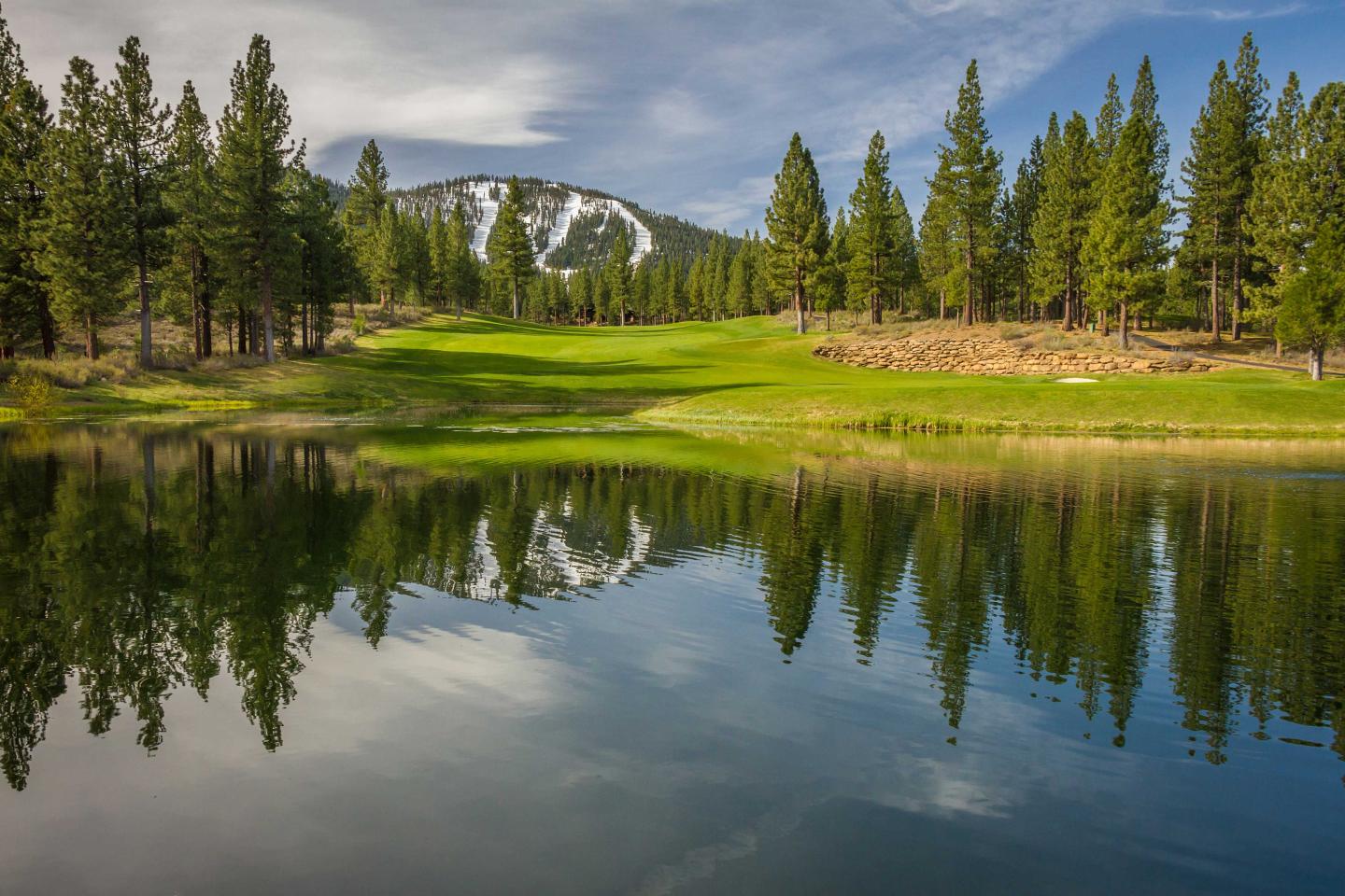Mountain landscape with pine trees reflecting in a calm lake.