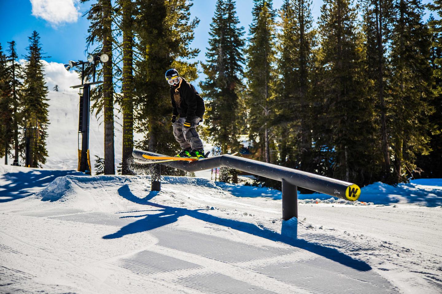 Skier performing trick on rail in snowy forest.
