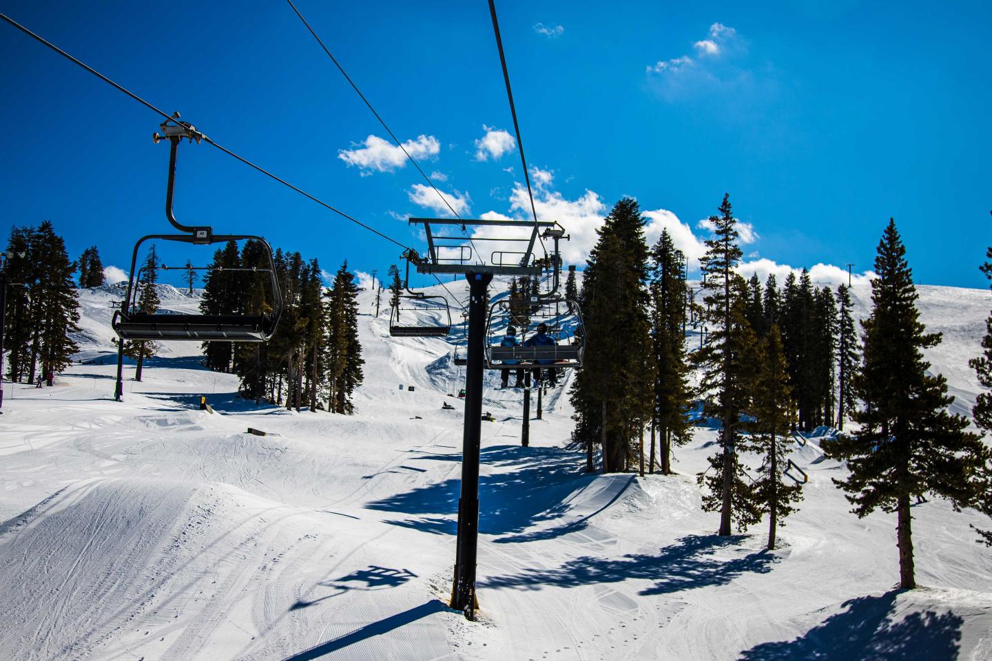 Ski lift above snow-covered mountain with tall trees and clear blue sky.