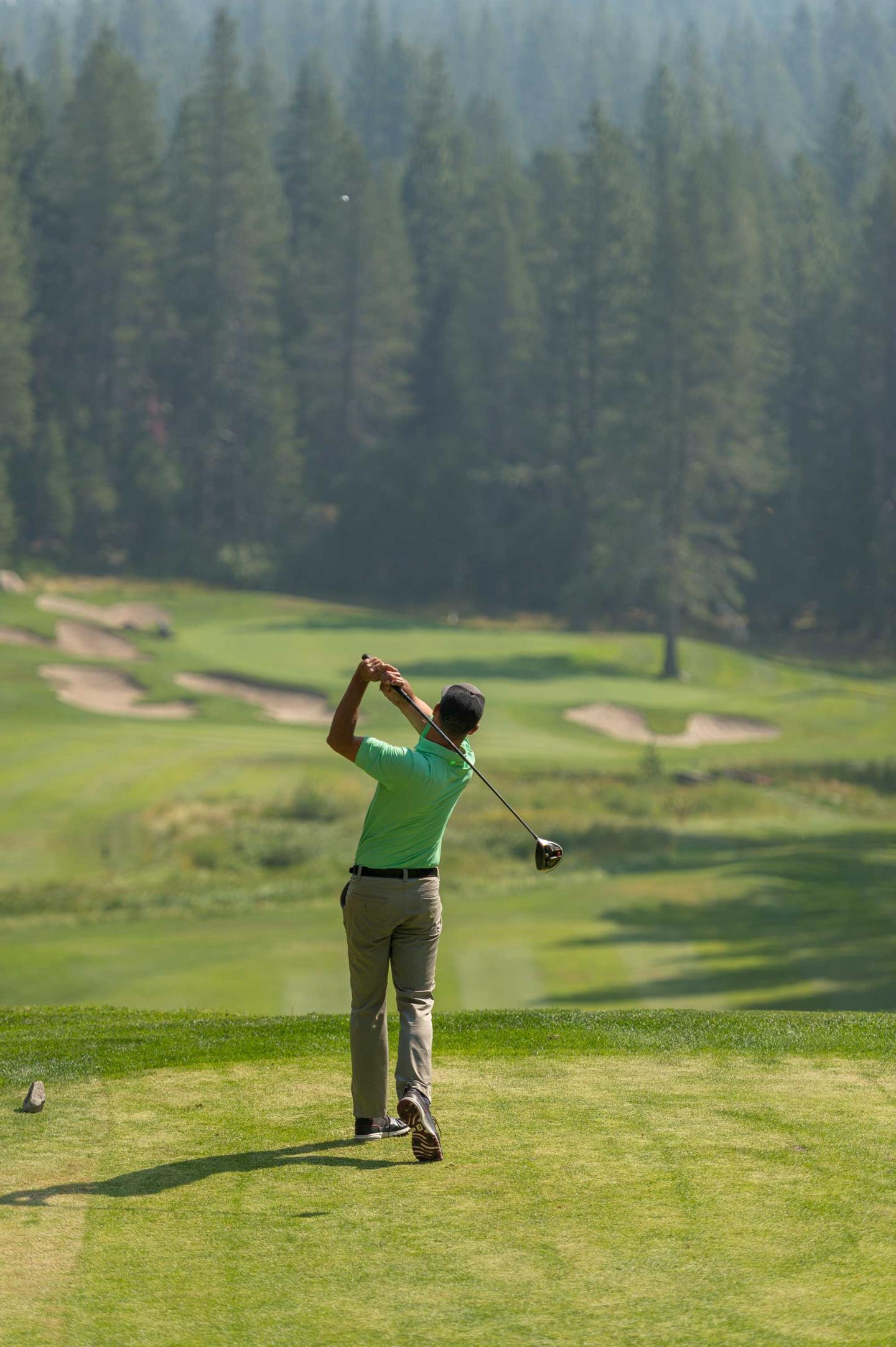 Golfer in green shirt swinging club on a grassy course, pine trees in background.