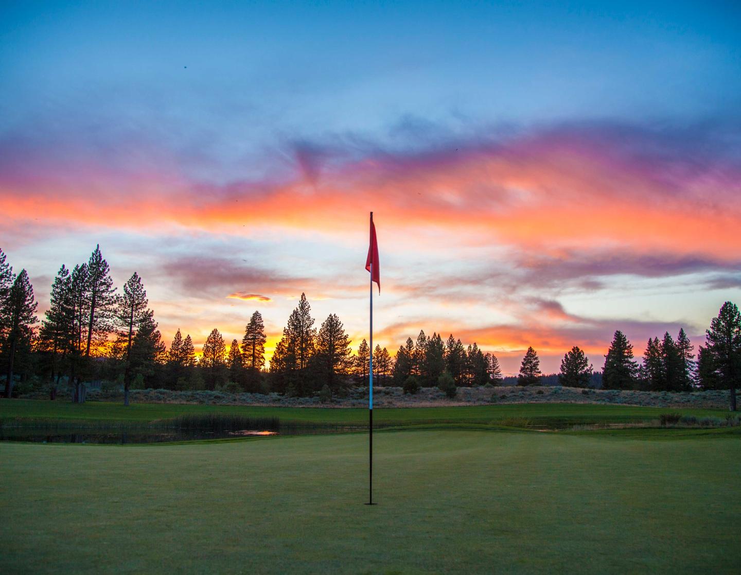 Golf course at sunset with tall trees and vibrant sky.