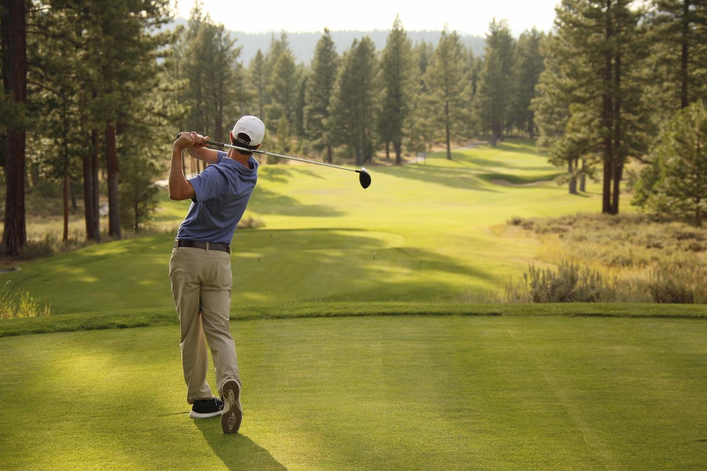 Golfer in mid-swing on a lush course surrounded by tall trees.