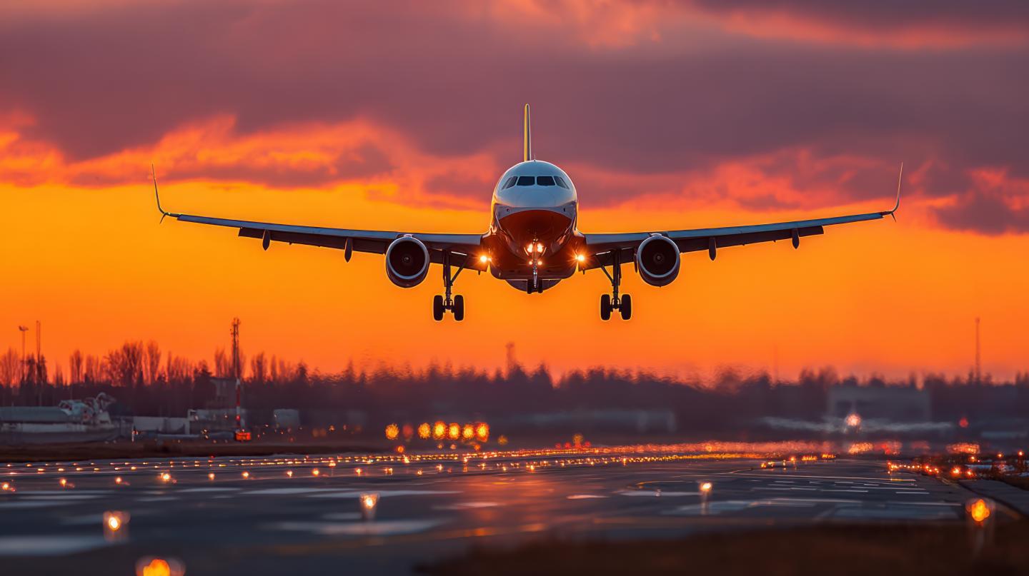 Airplane landing on runway at sunset with orange sky.