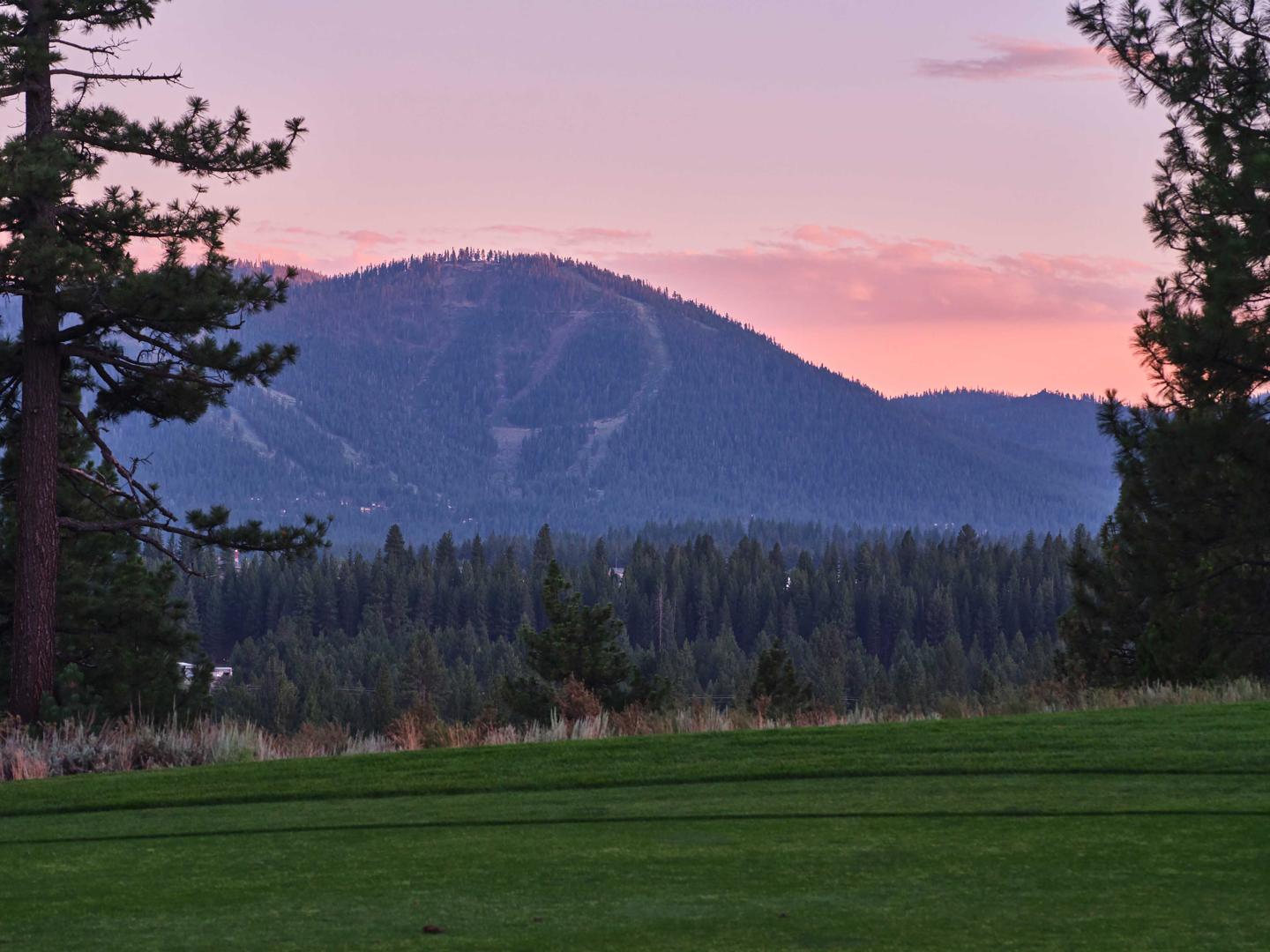 Mountain view at sunset with trees and grassy field in foreground.