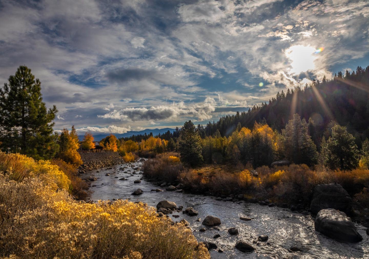 River flowing through autumn forest under cloudy sky and bright sun.