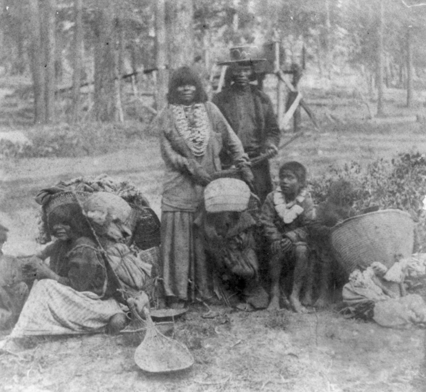 Washoe Tribe - A group of people with baskets in a forest setting.
