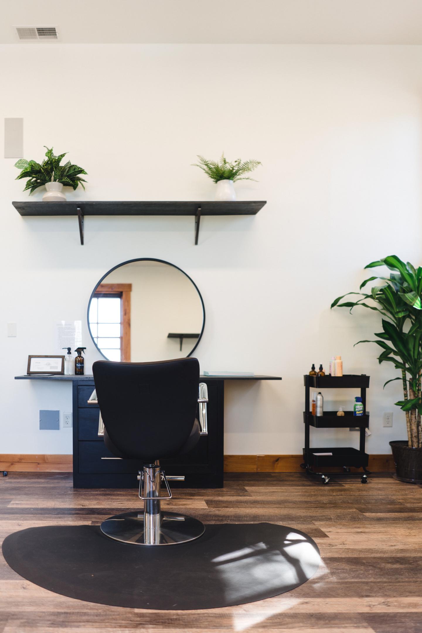Hair salon chair and mirror, with plants and a cart in a bright room.