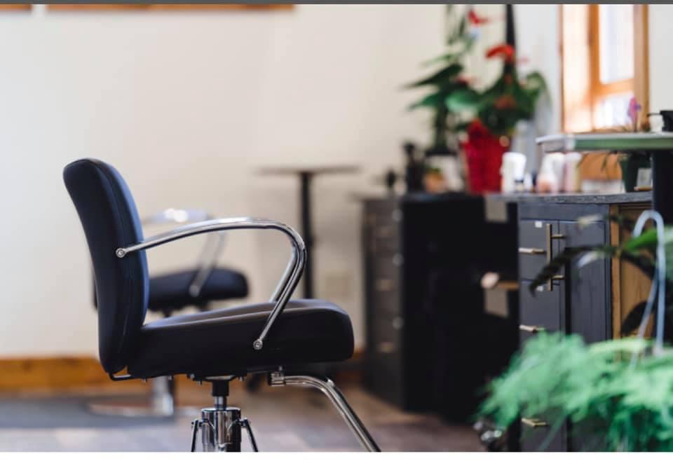 Salon chair with a counter and plants in background.