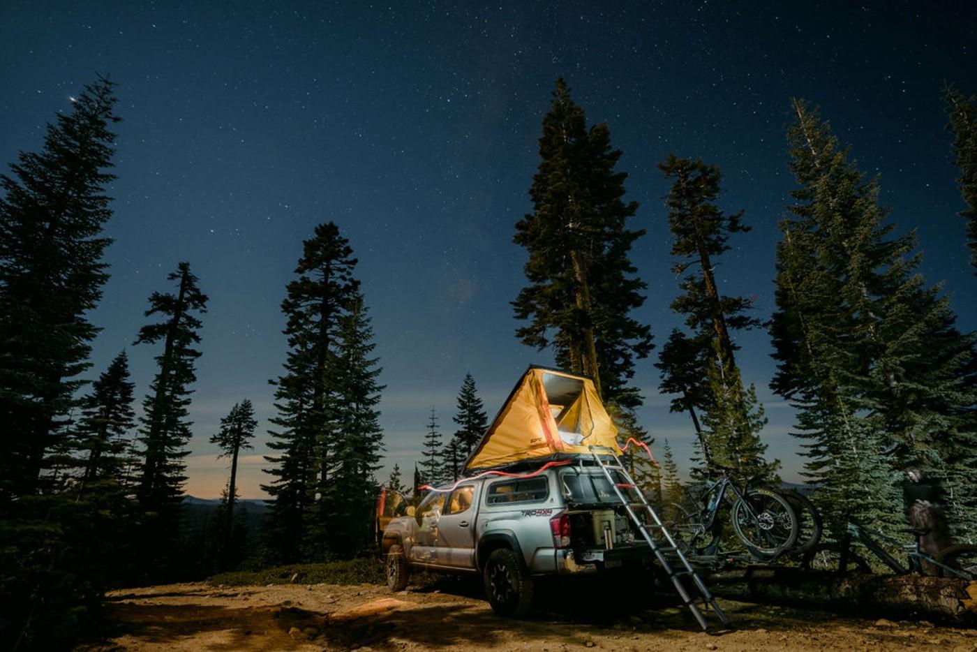 Truck with roof tent under starry sky in pine forest.