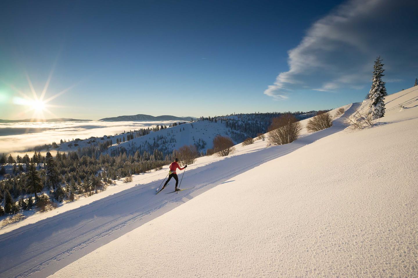 Cross-country skier on snowy hillside, bright sun, and blue sky.
