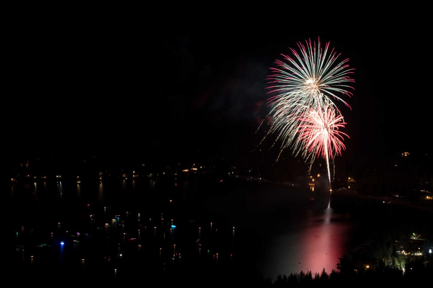 Fireworks lighting up the night sky over a cityscape.