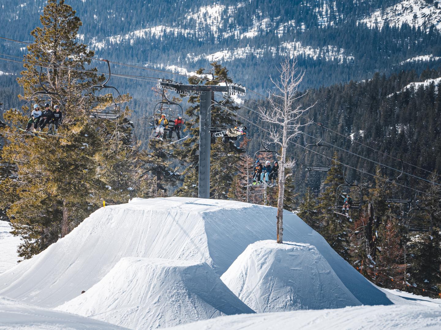 Snowy ski slopes with chairlift and trees under a clear sky.