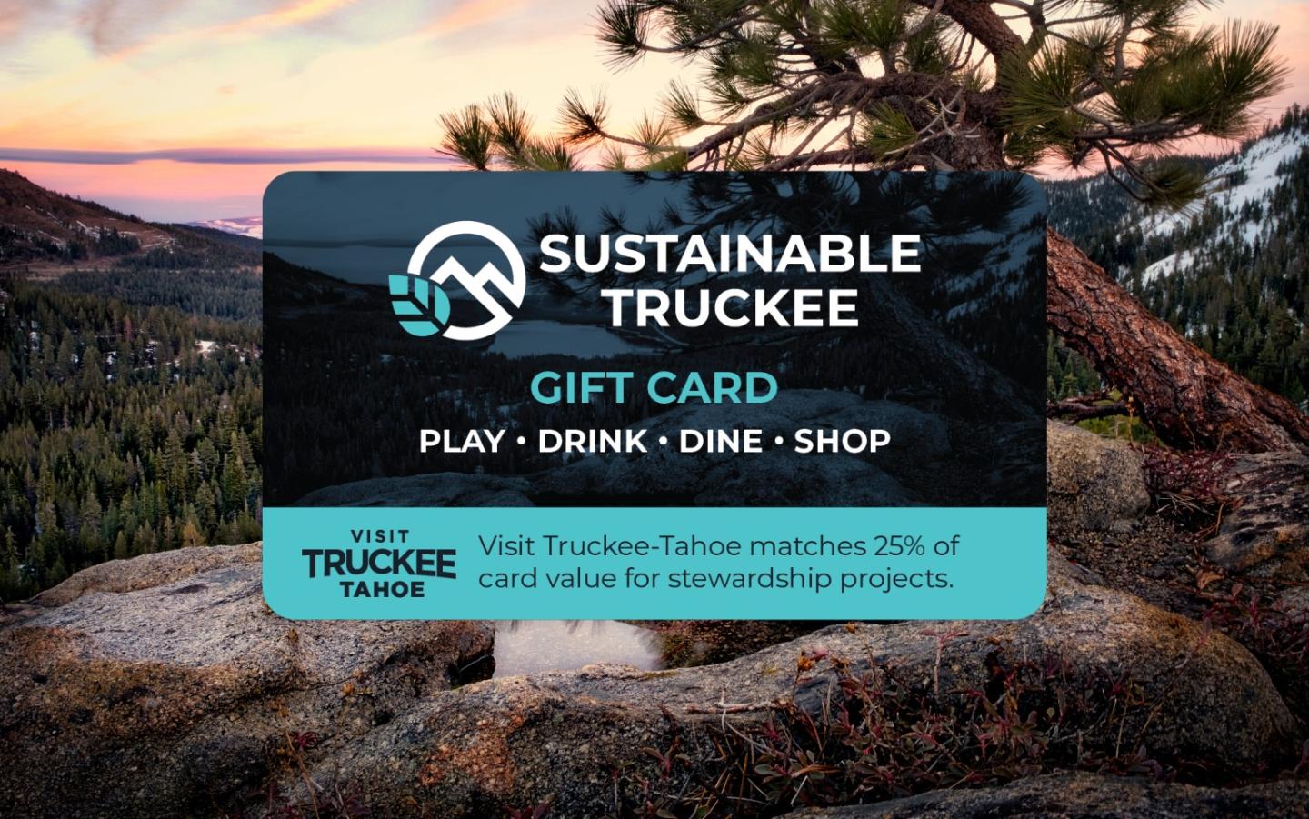 Gift card on rocky landscape with trees and sunset in background.
