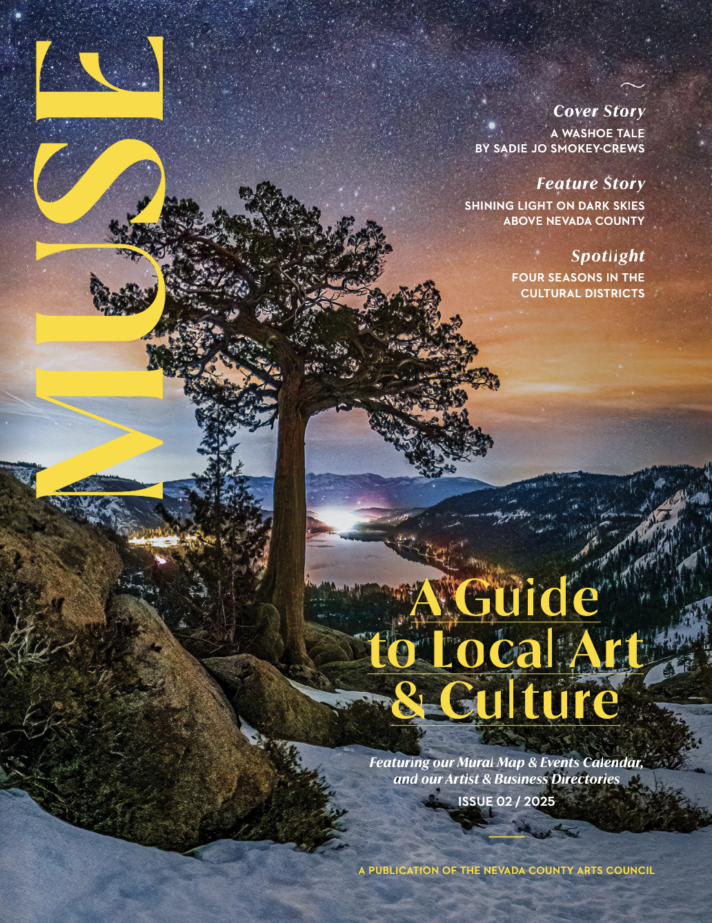 Magazine cover with a snowy landscape and a starry night sky.