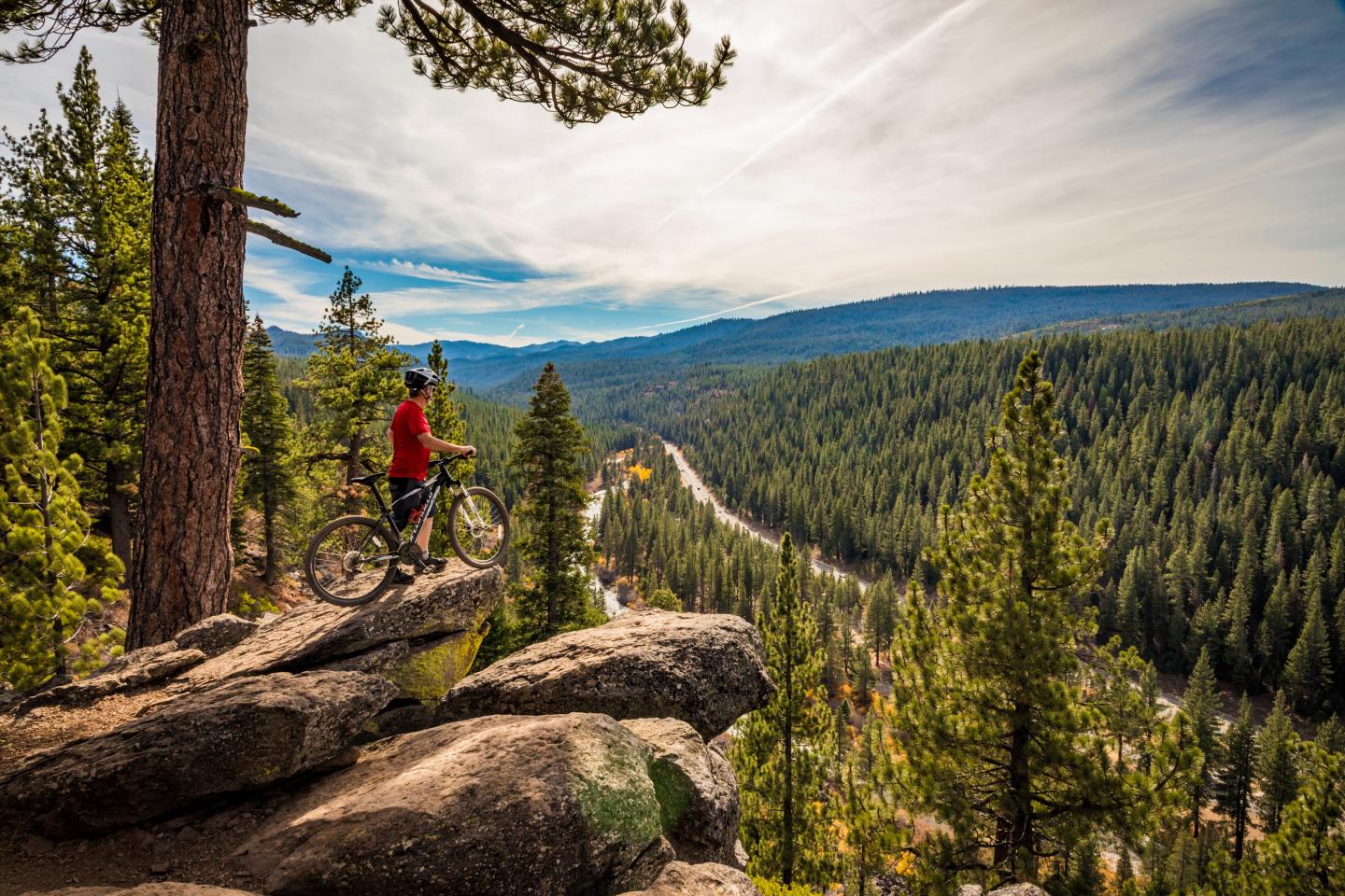 Cyclist on rocky cliff overlooks forested valley and winding road, under a blue sky.