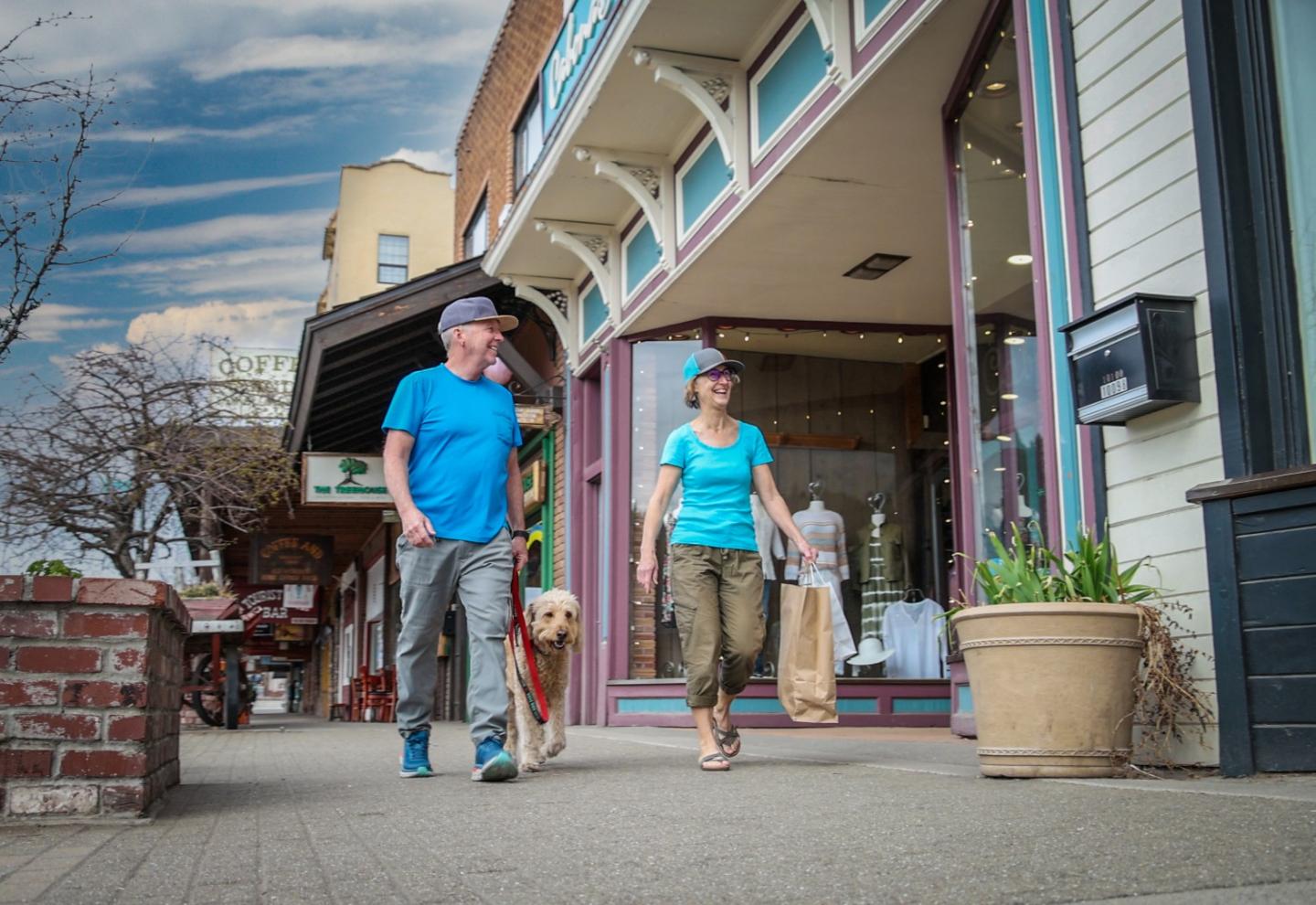 Couple walking dog on a sidewalk, shopping bags in hand, under a blue sky.
