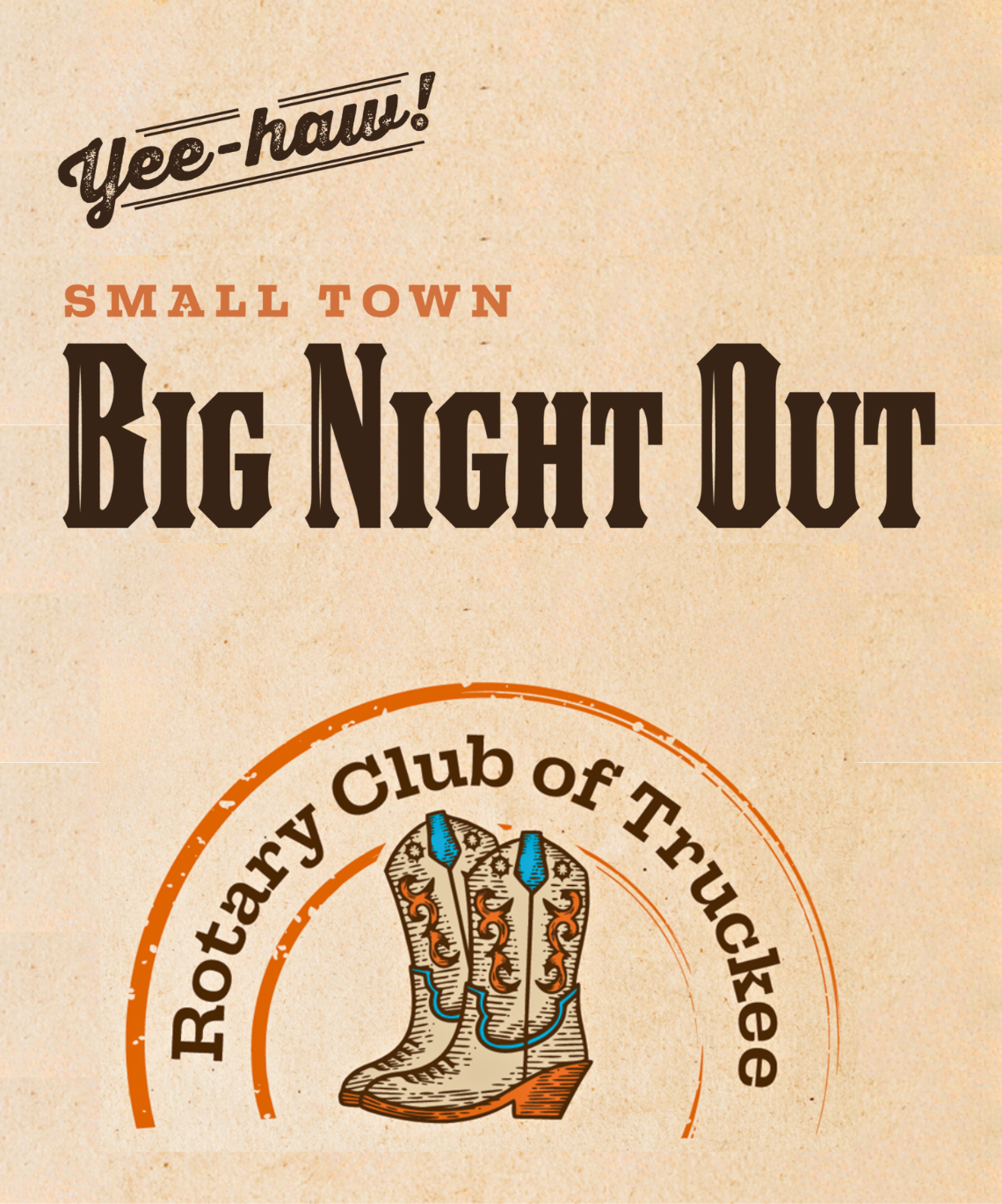Small Town Big Night Out event flyer with cowboy boot graphic.