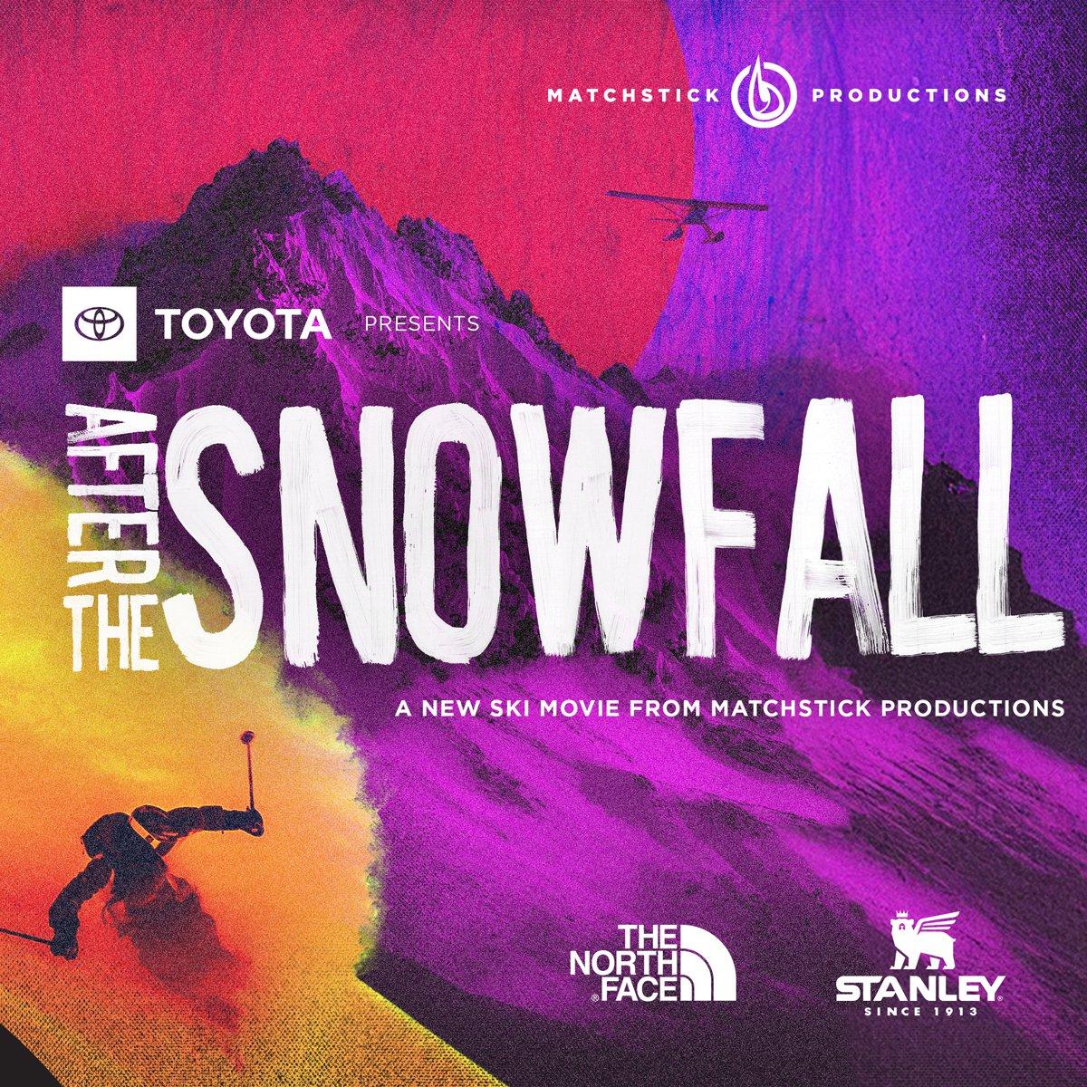 Colorful ski movie poster with skiers and mountain backdrop.