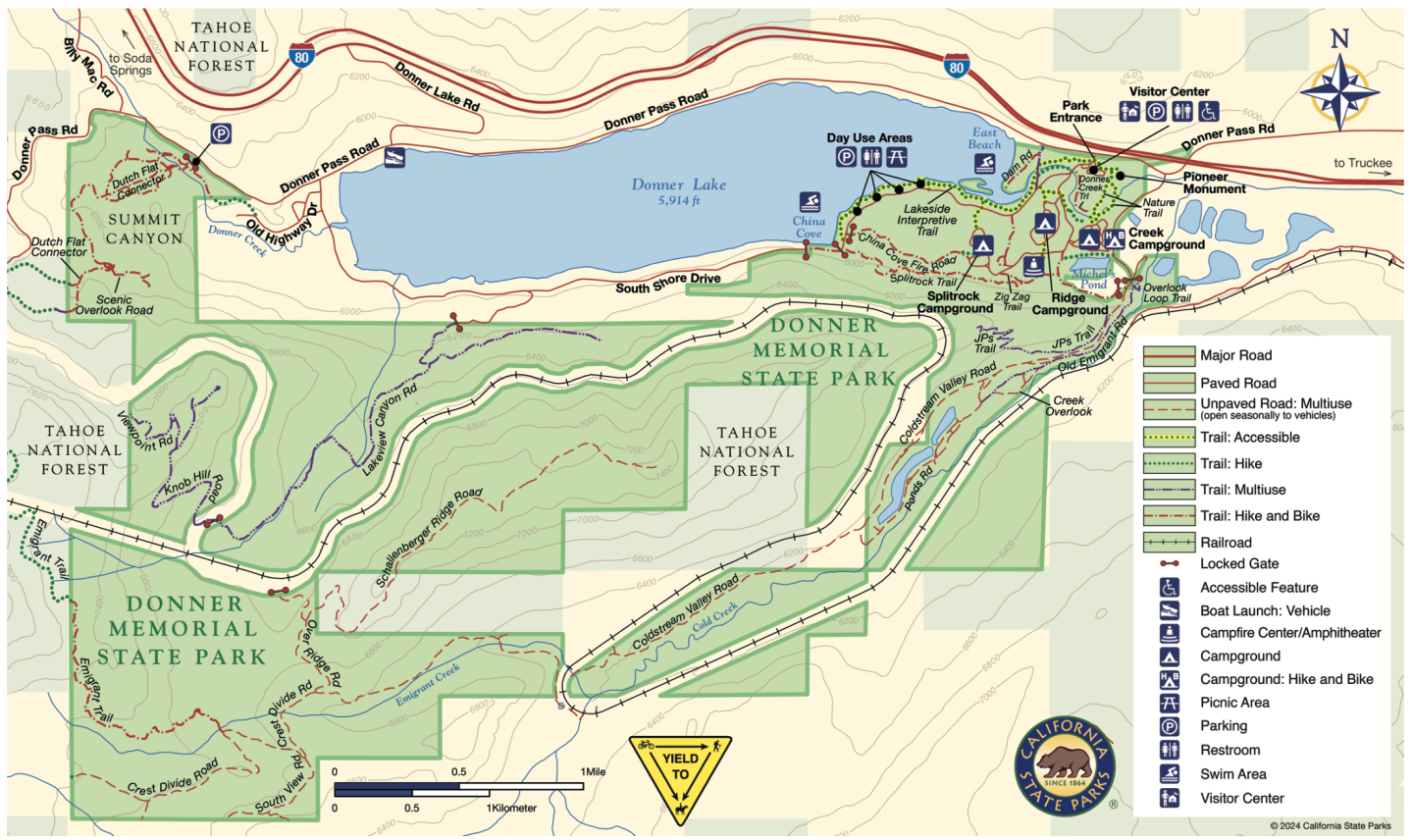 Trail map of Donner Memorial State Park, showing paths and facilities.