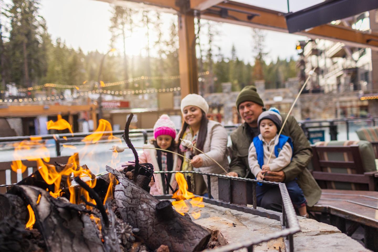 Family by outdoor fire in winter clothing, trees and lights in background.