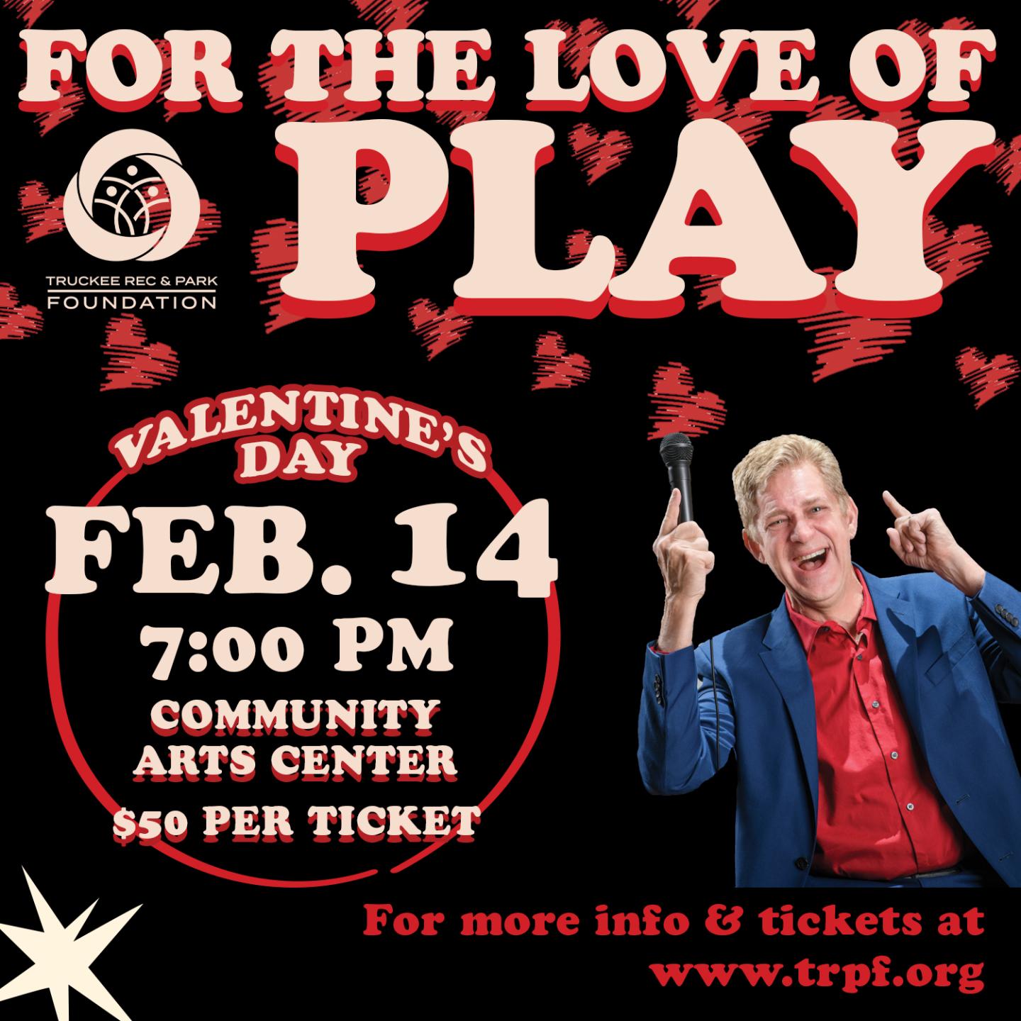 Valentine's event poster with a smiling person pointing upwards.
