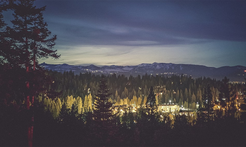 Forest at dusk with distant city lights and mountains in the background.