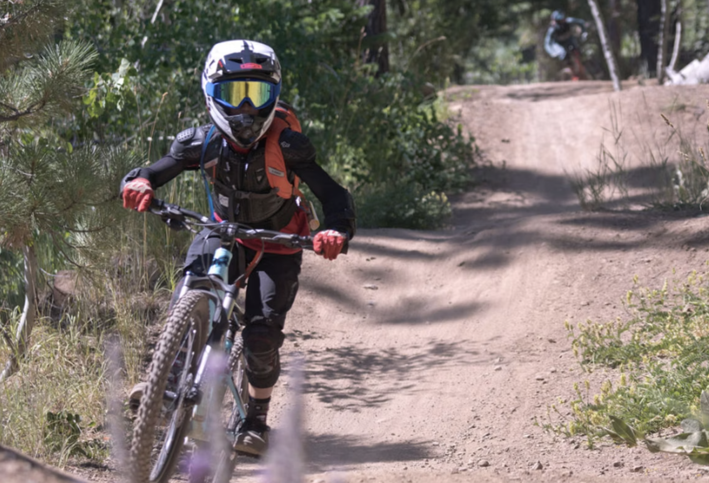 Mountain biker on dirt trail, wearing helmet and goggles, surrounded by trees.