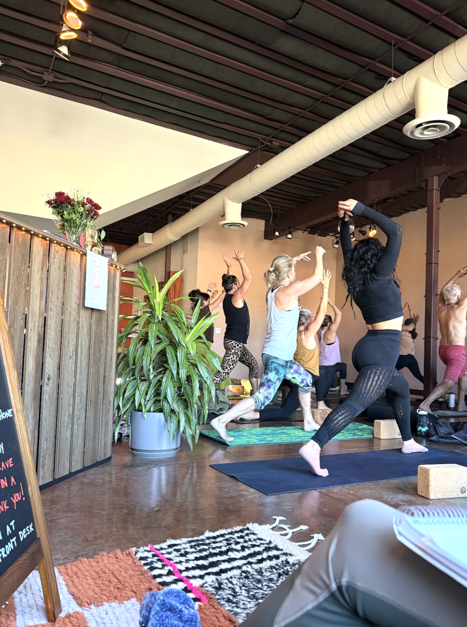 Yoga class in session, participants doing warrior pose, wooden ceiling, and potted plant nearby.