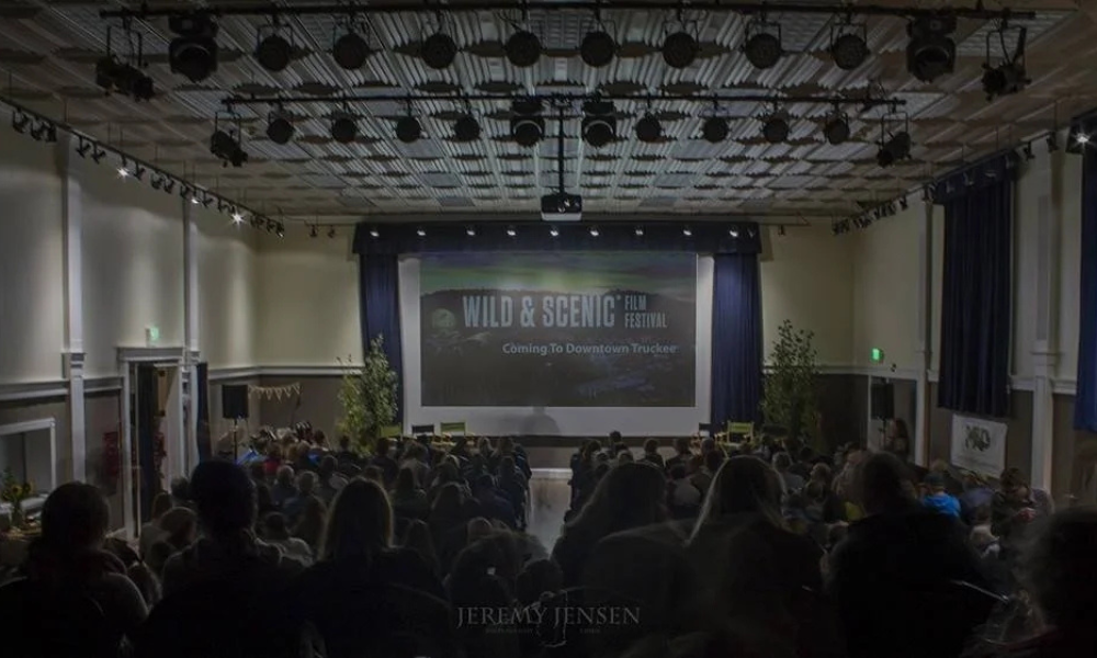 A dimly lit auditorium with people seated facing a large projection screen.