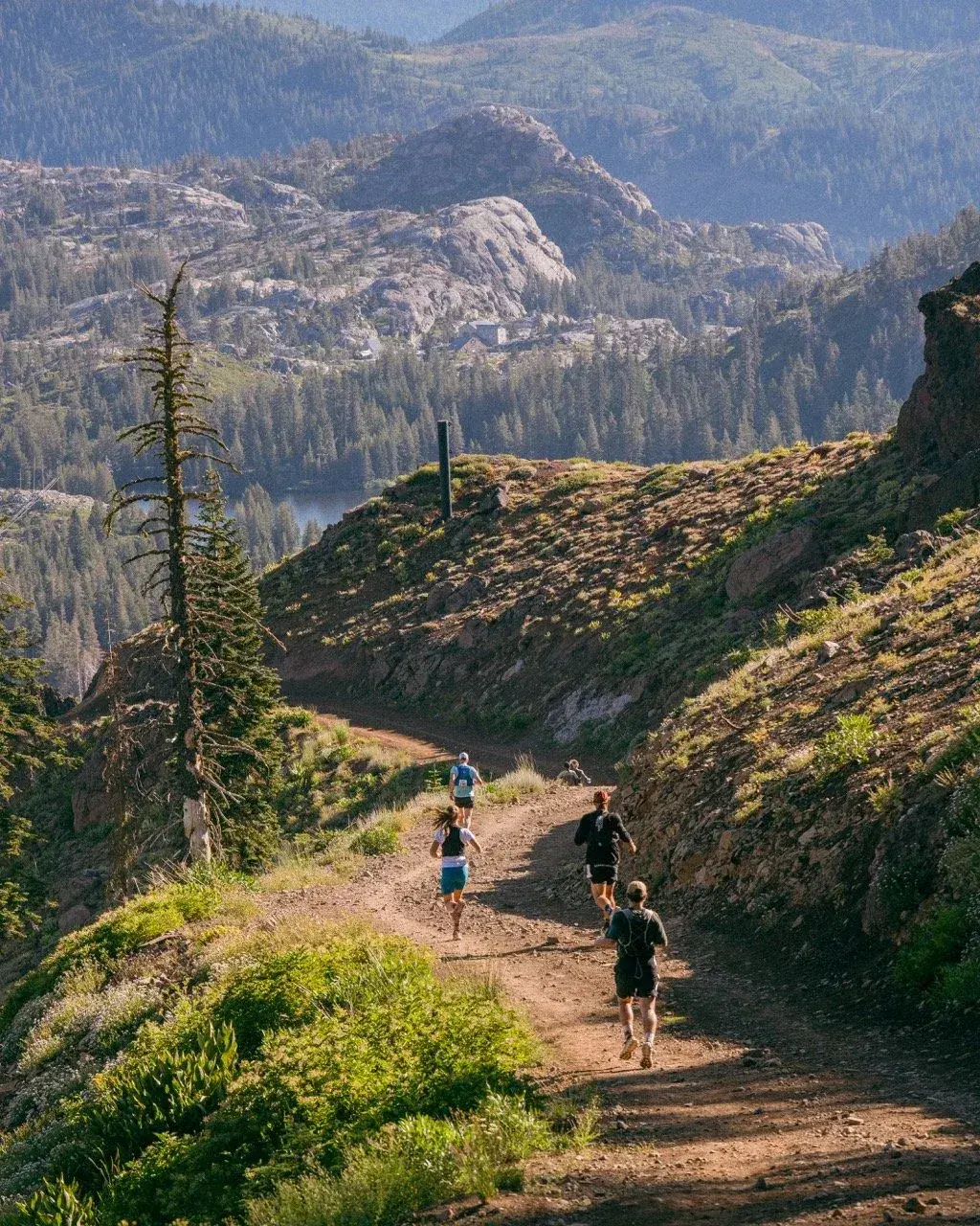 Trail runners on a mountain path with scenic views.