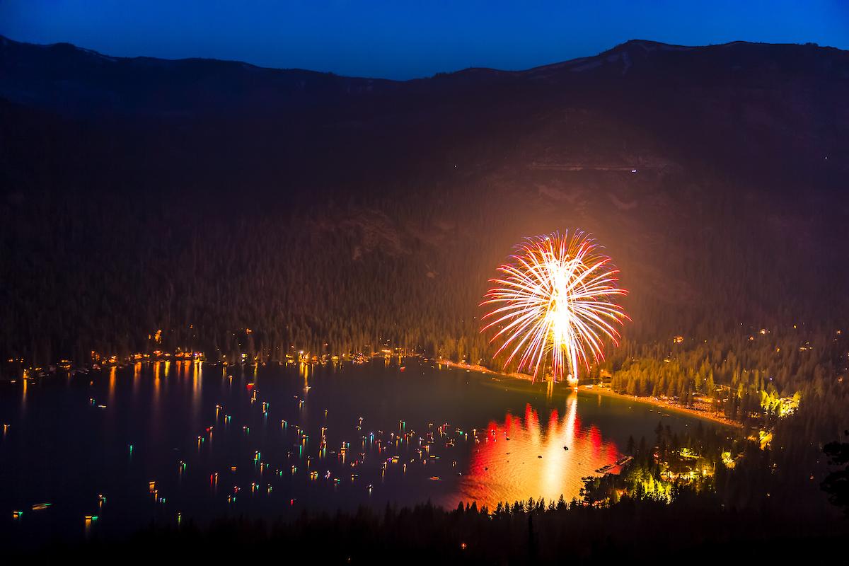 Fireworks lighting up a serene lake at night, reflecting vibrant colors.