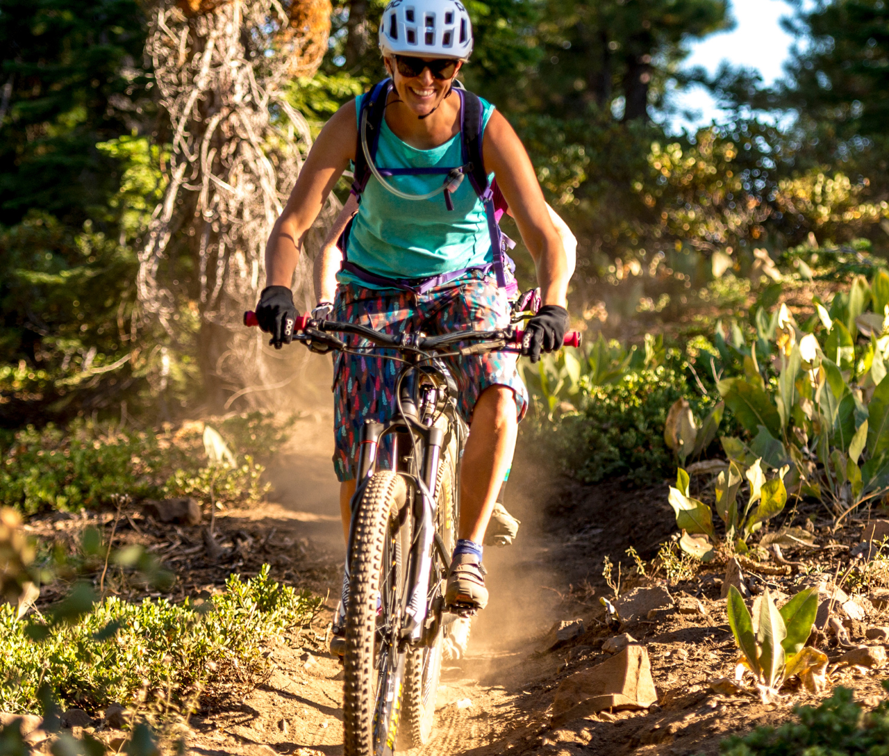 Mountain biker on a dusty trail surrounded by greenery.