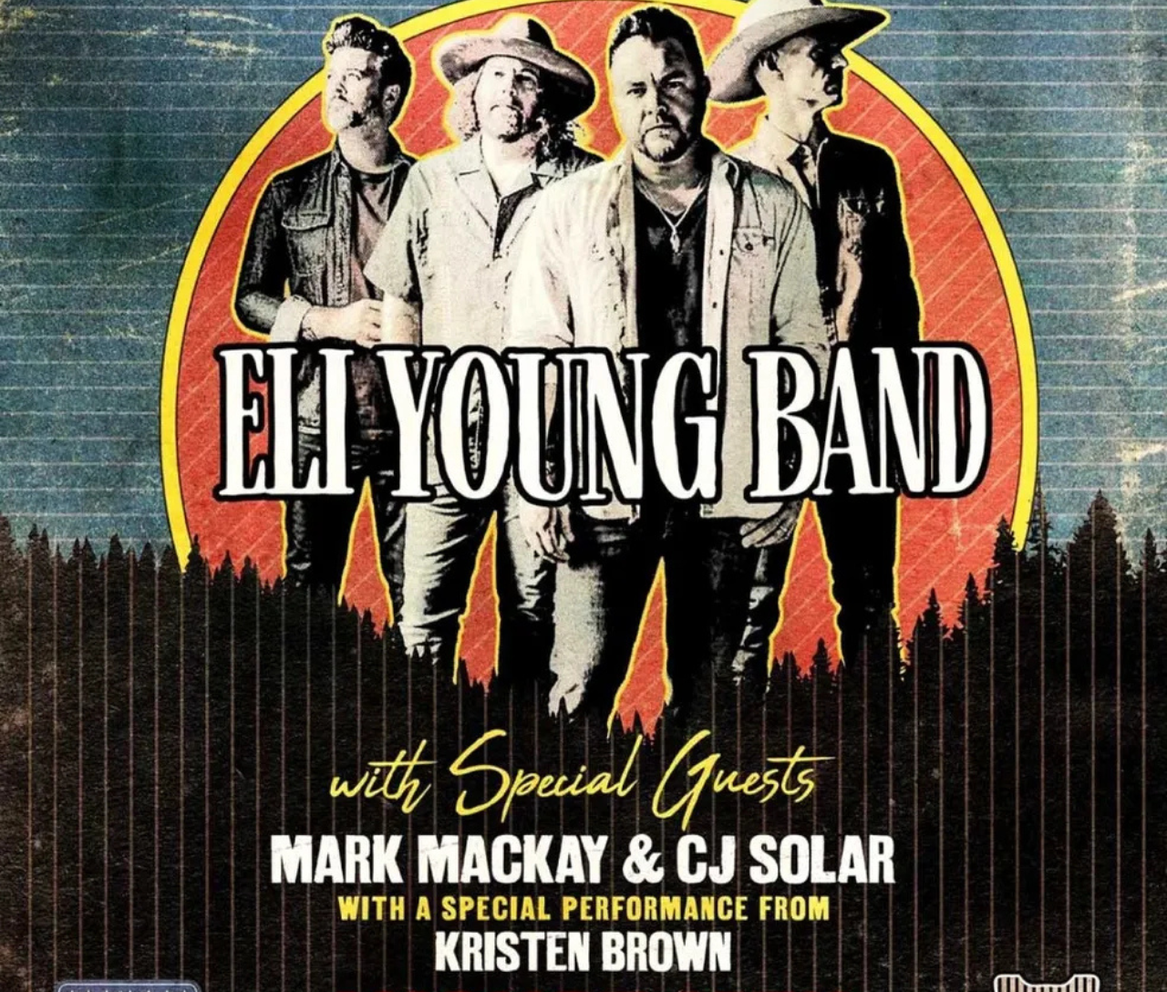 Band members in front of a red sun backdrop with text overlay.