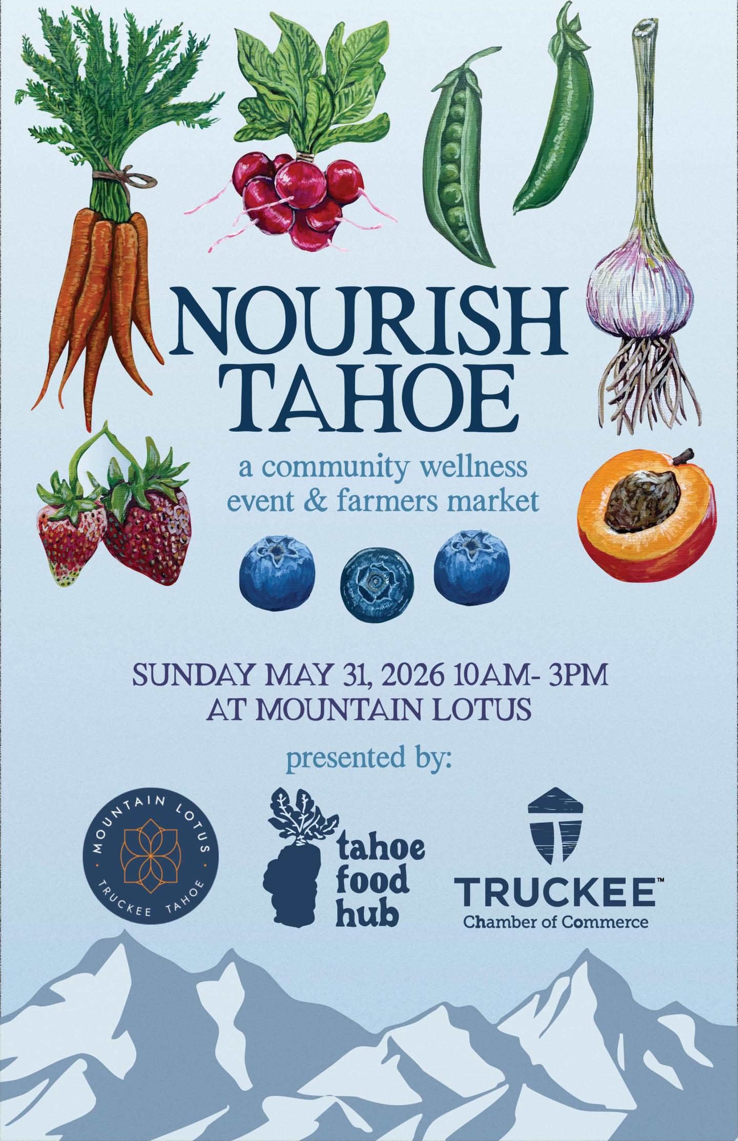 Event poster with vegetables, fruits, and logos.