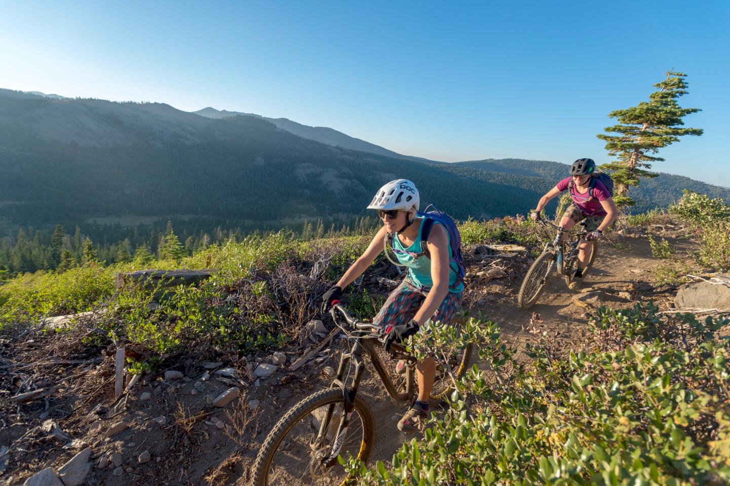 Two cyclists ride down a mountain trail under a clear blue sky.