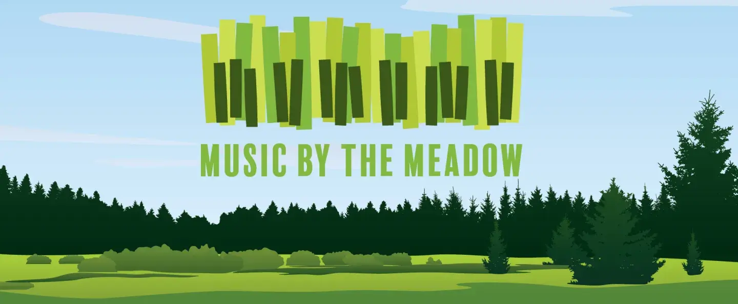 Festival graphic with stylized piano keys above a meadow and forest.