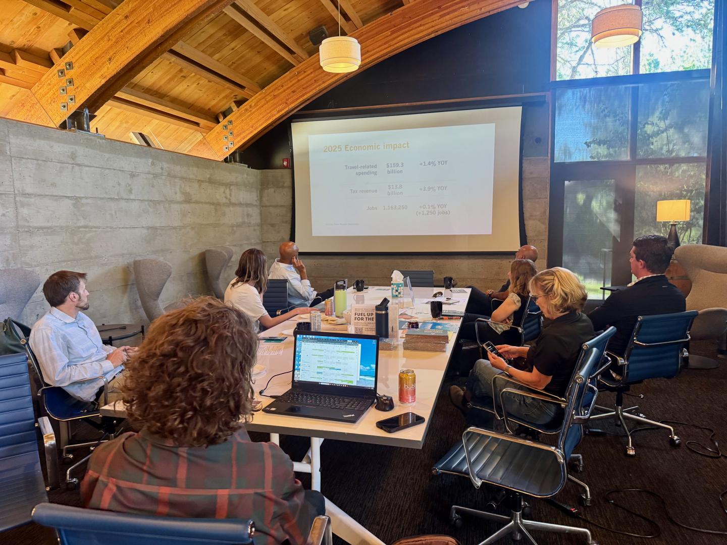 Meeting in a modern conference room with a presentation on screen.